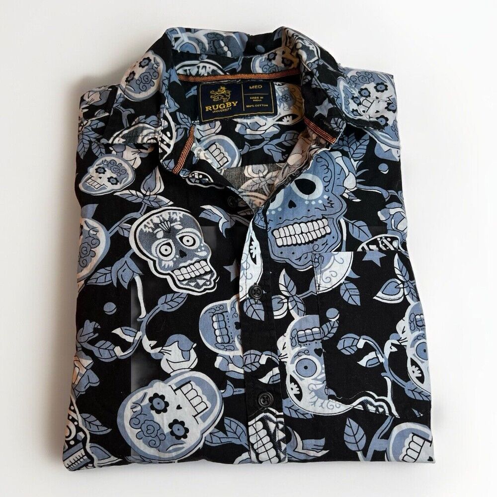 Rugby University Shirt Men’s M Skull All Over Print Halloween Day Dead‎